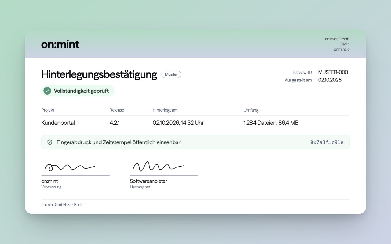 Muster einer Hinterlegungsbestätigung für Release 4.2.1 des Kundenportals: Vollständigkeit geprüft, Fingerabdruck und Zeitstempel öffentlich einsehbar.